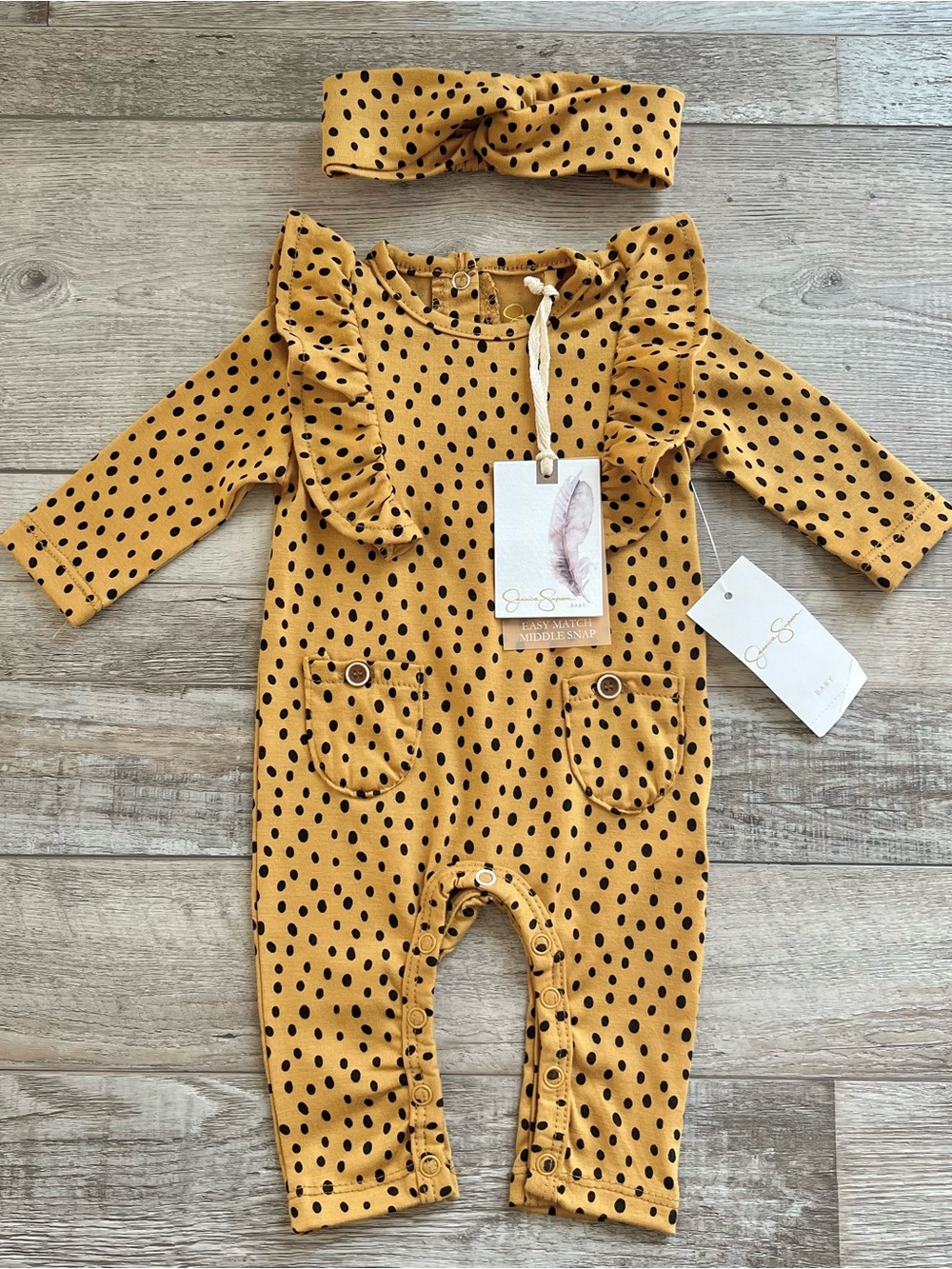 NWT Jessica Simpson Mustard Dot Romper and Headband Set Size 0/3 Months
